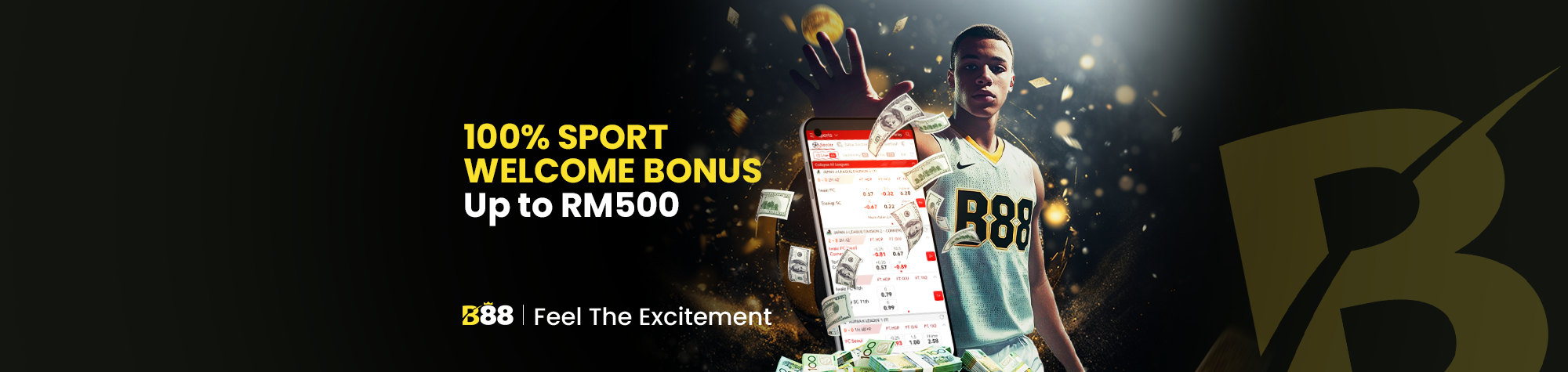B88 sport welcome bonus banner with 100% sports bonus up to RM500 on B88MYS