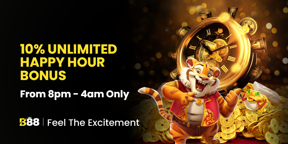 B88 happy hour bonus banner offering 10 percent unlimited happy hour bonus from 8pm to 4am with tiger mascot and gold coin visuals