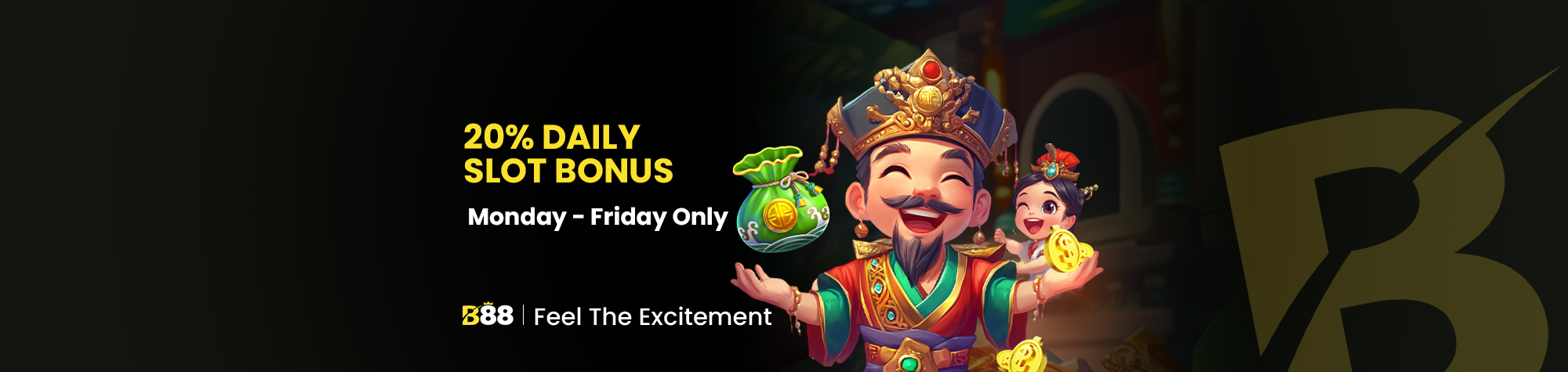 B88 daily slot bonus banner with 20% slot bonus from Monday to Friday on B88MYS