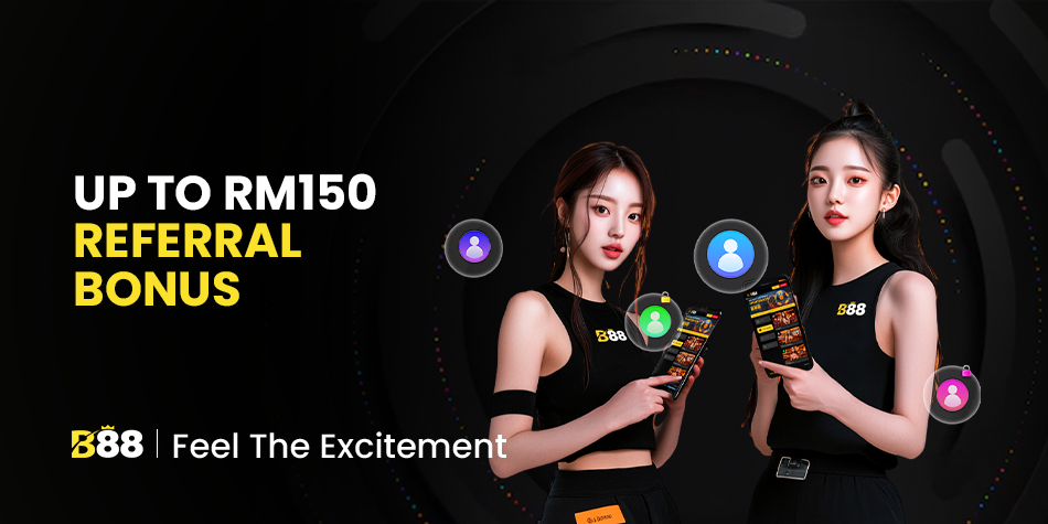 B88 referral bonus banner offering up to RM150 with two brand ambassadors holding mobile devices and referral icon graphics