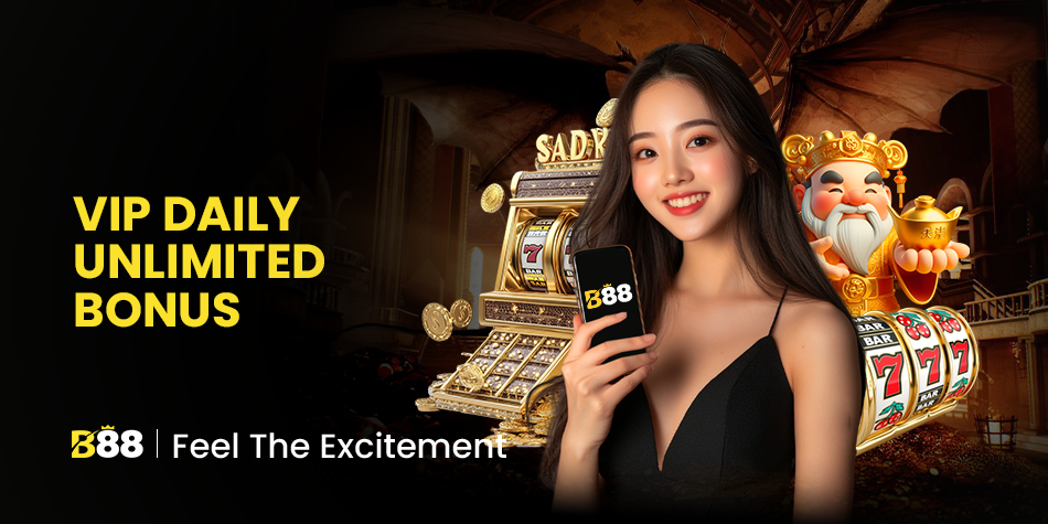 B88 VIP daily unlimited bonus banner featuring a woman holding a B88 mobile screen with slot machine and fortune-themed visuals