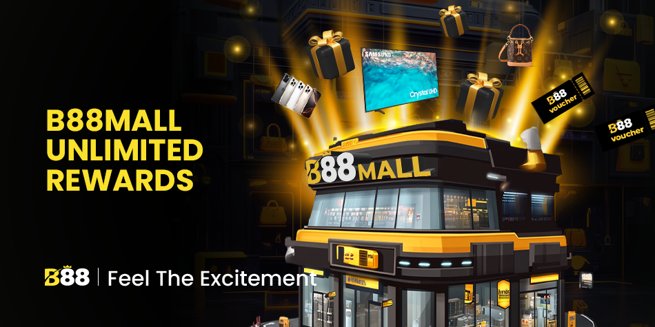 B88Mall unlimited rewards banner featuring the B88Mall store with gift boxes, vouchers, and prize items